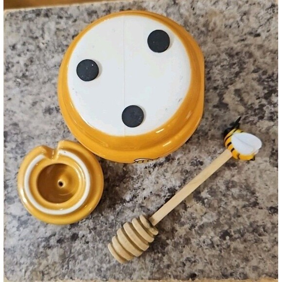 Honey Miel ( French) Ceramic Beehive Jar Pot w Wood Bumble Bee Dipper 3" Kitchen - Picture 6 of 7